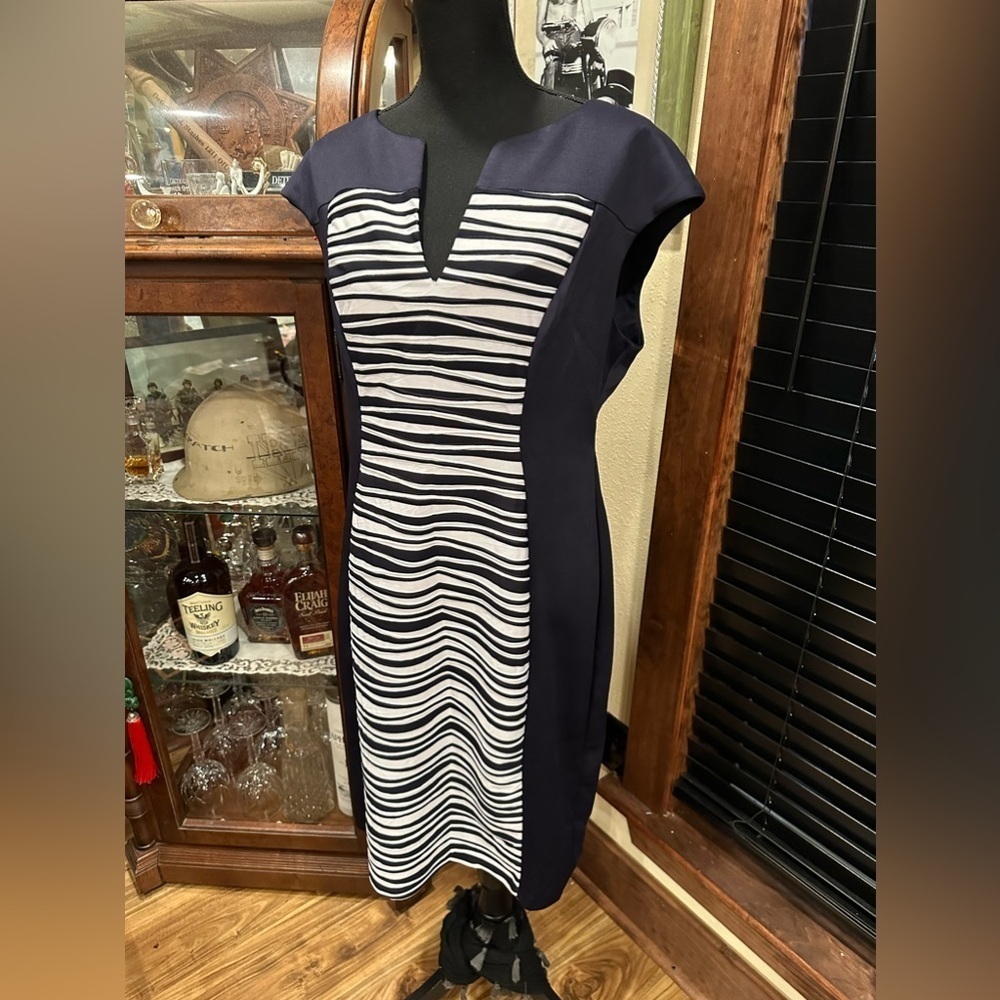 EUC Connected Apparel Striped Knee Length Sheath Dress Blue & White - Picture 3 of 8